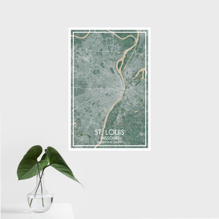 16x24 St. Louis Missouri Map Print Portrait Orientation in Afternoon Style With Tropical Plant Leaves in Water