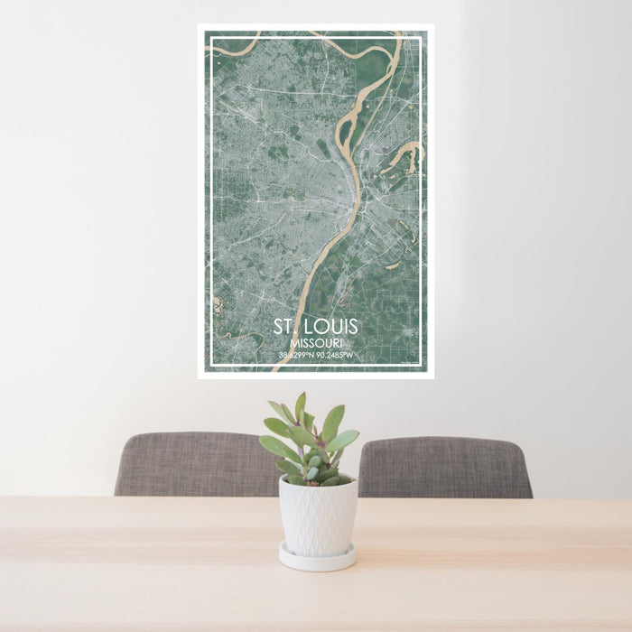 24x36 St. Louis Missouri Map Print Portrait Orientation in Afternoon Style Behind 2 Chairs Table and Potted Plant