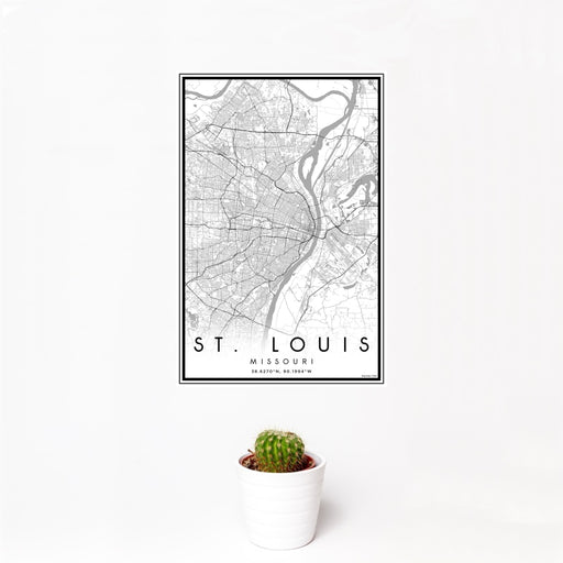 12x18 St. Louis Missouri Map Print Portrait Orientation in Classic Style With Small Cactus Plant in White Planter