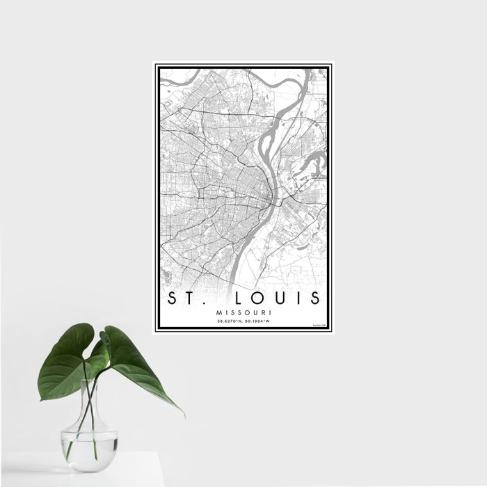 16x24 St. Louis Missouri Map Print Portrait Orientation in Classic Style With Tropical Plant Leaves in Water