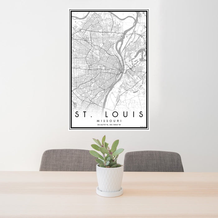 24x36 St. Louis Missouri Map Print Portrait Orientation in Classic Style Behind 2 Chairs Table and Potted Plant