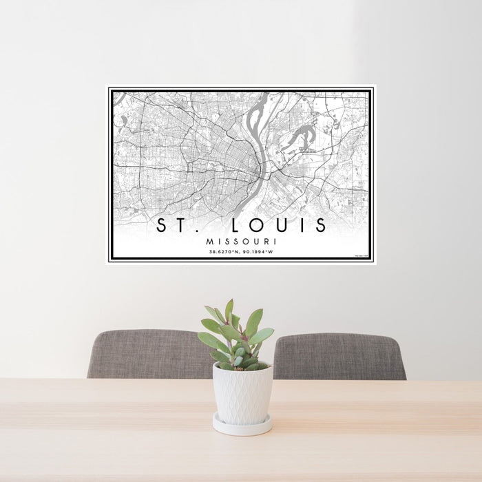 24x36 St. Louis Missouri Map Print Landscape Orientation in Classic Style Behind 2 Chairs Table and Potted Plant