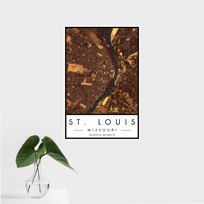 16x24 St. Louis Missouri Map Print Portrait Orientation in Ember Style With Tropical Plant Leaves in Water
