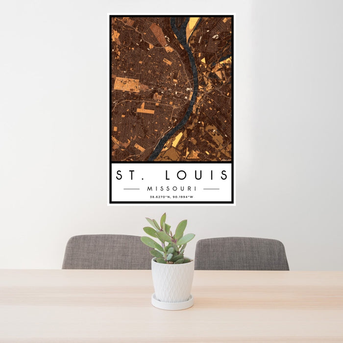 24x36 St. Louis Missouri Map Print Portrait Orientation in Ember Style Behind 2 Chairs Table and Potted Plant