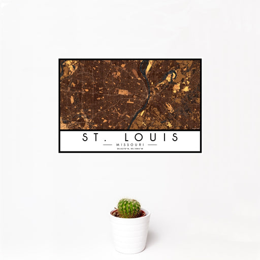 12x18 St. Louis Missouri Map Print Landscape Orientation in Ember Style With Small Cactus Plant in White Planter