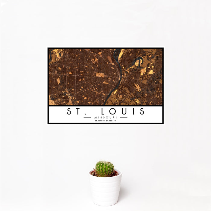 12x18 St. Louis Missouri Map Print Landscape Orientation in Ember Style With Small Cactus Plant in White Planter
