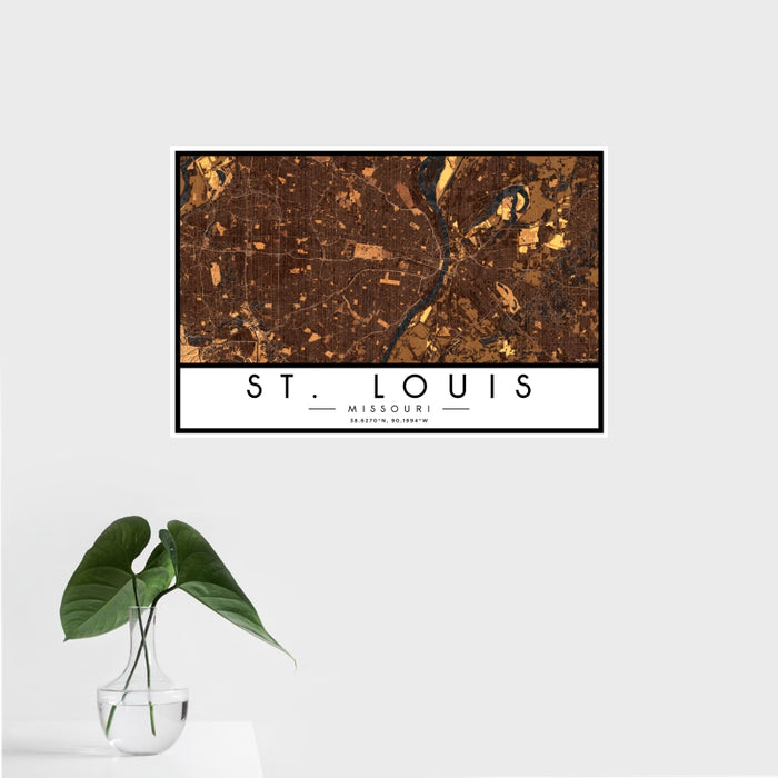 16x24 St. Louis Missouri Map Print Landscape Orientation in Ember Style With Tropical Plant Leaves in Water
