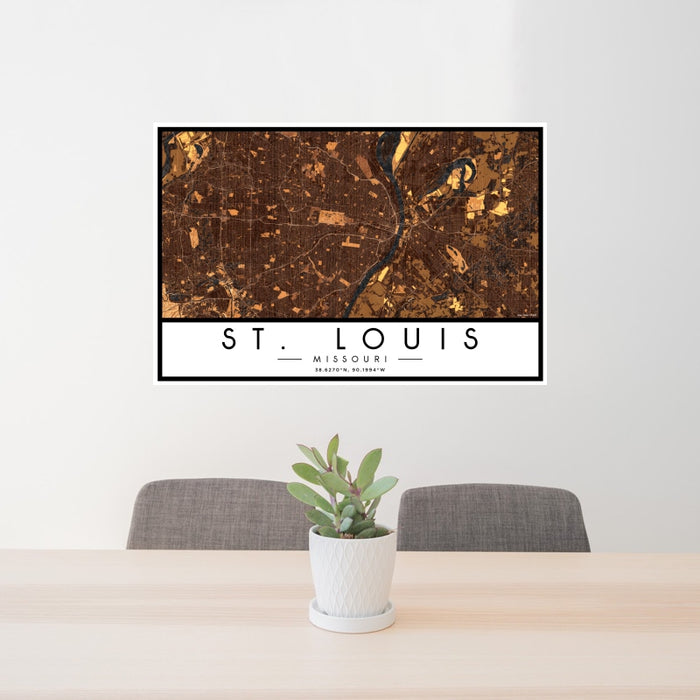 24x36 St. Louis Missouri Map Print Landscape Orientation in Ember Style Behind 2 Chairs Table and Potted Plant