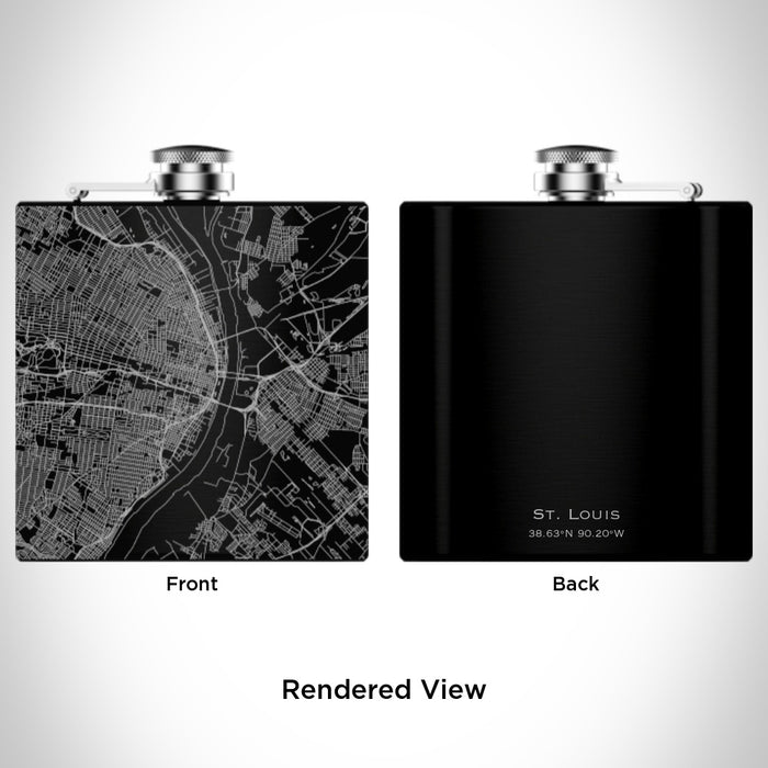 Rendered View of St. Louis Missouri Map Engraving on 6oz Stainless Steel Flask in Black
