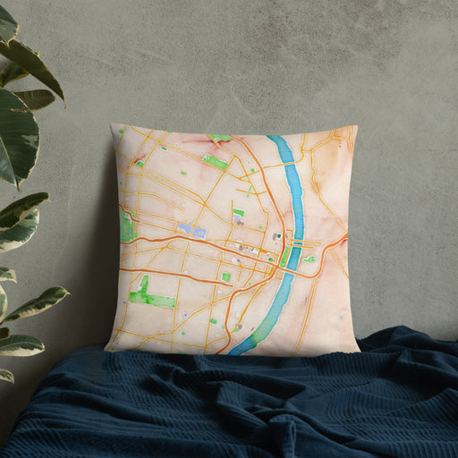 Custom St. Louis Missouri Map Throw Pillow in Watercolor on Bedding Against Wall