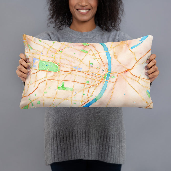 Person holding 20x12 Custom St. Louis Missouri Map Throw Pillow in Watercolor