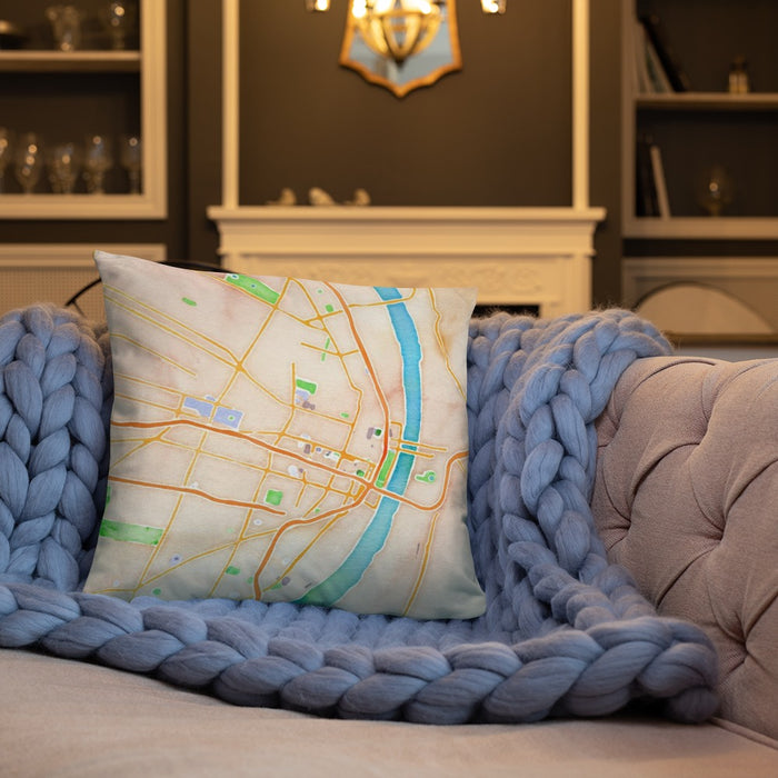 Custom St. Louis Missouri Map Throw Pillow in Watercolor on Cream Colored Couch