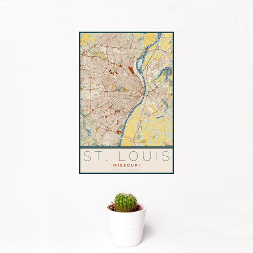 12x18 St. Louis Missouri Map Print Portrait Orientation in Woodblock Style With Small Cactus Plant in White Planter