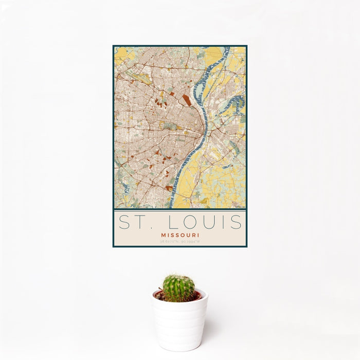 12x18 St. Louis Missouri Map Print Portrait Orientation in Woodblock Style With Small Cactus Plant in White Planter