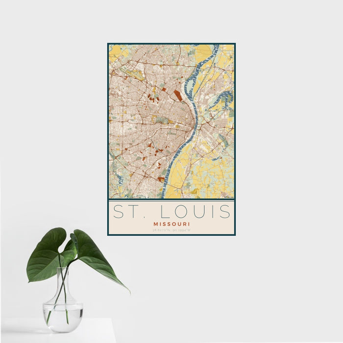 16x24 St. Louis Missouri Map Print Portrait Orientation in Woodblock Style With Tropical Plant Leaves in Water