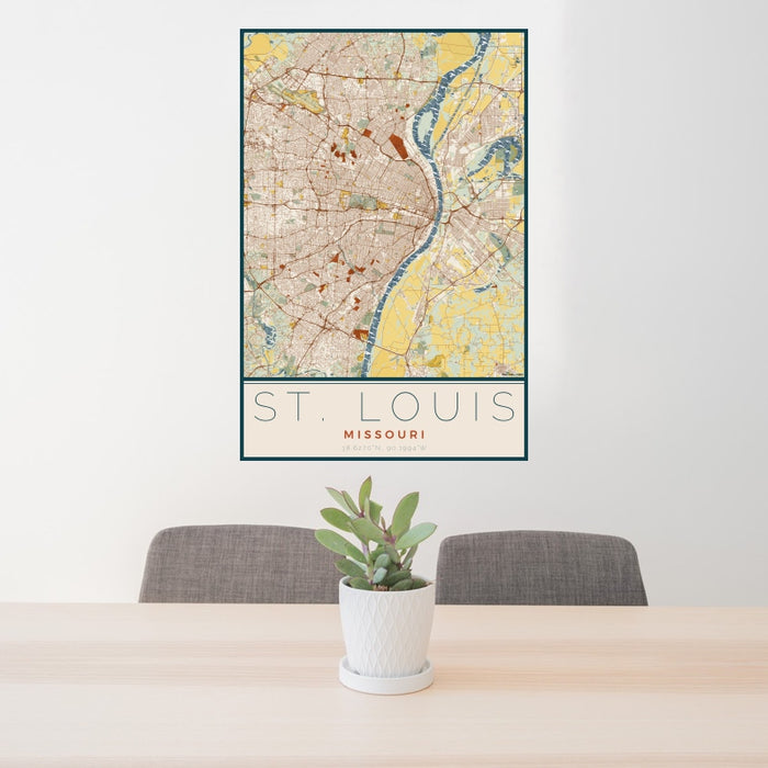 24x36 St. Louis Missouri Map Print Portrait Orientation in Woodblock Style Behind 2 Chairs Table and Potted Plant