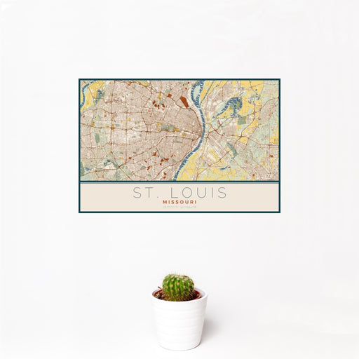 12x18 St. Louis Missouri Map Print Landscape Orientation in Woodblock Style With Small Cactus Plant in White Planter