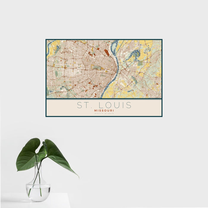 16x24 St. Louis Missouri Map Print Landscape Orientation in Woodblock Style With Tropical Plant Leaves in Water