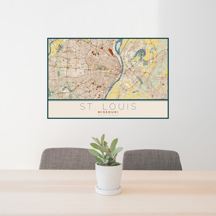 24x36 St. Louis Missouri Map Print Landscape Orientation in Woodblock Style Behind 2 Chairs Table and Potted Plant