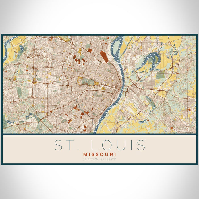 St. Louis Missouri Map Print Landscape Orientation in Woodblock Style With Shaded Background