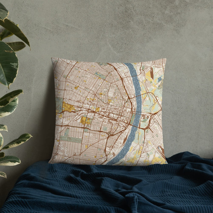 Custom St. Louis Missouri Map Throw Pillow in Woodblock on Bedding Against Wall
