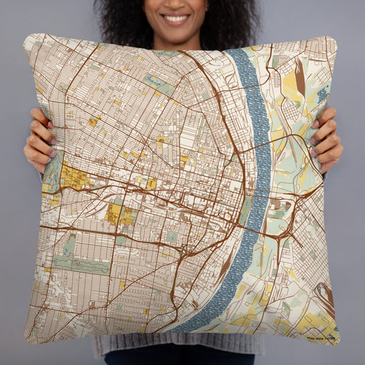 Person holding 22x22 Custom St. Louis Missouri Map Throw Pillow in Woodblock