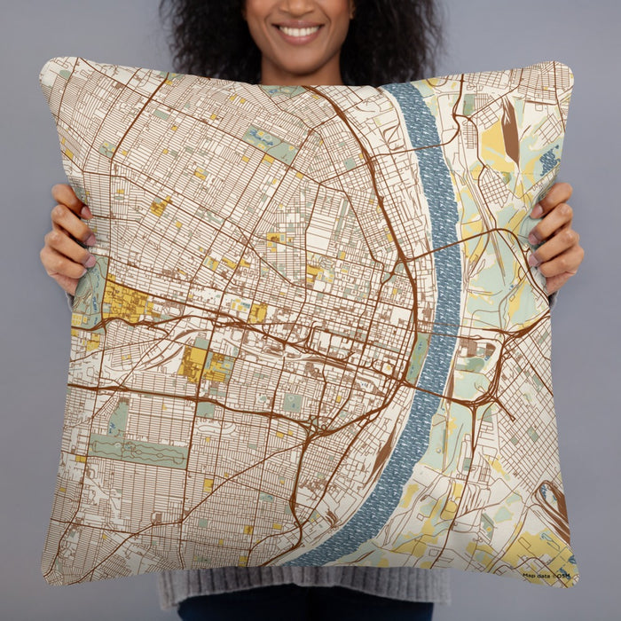 Person holding 22x22 Custom St. Louis Missouri Map Throw Pillow in Woodblock