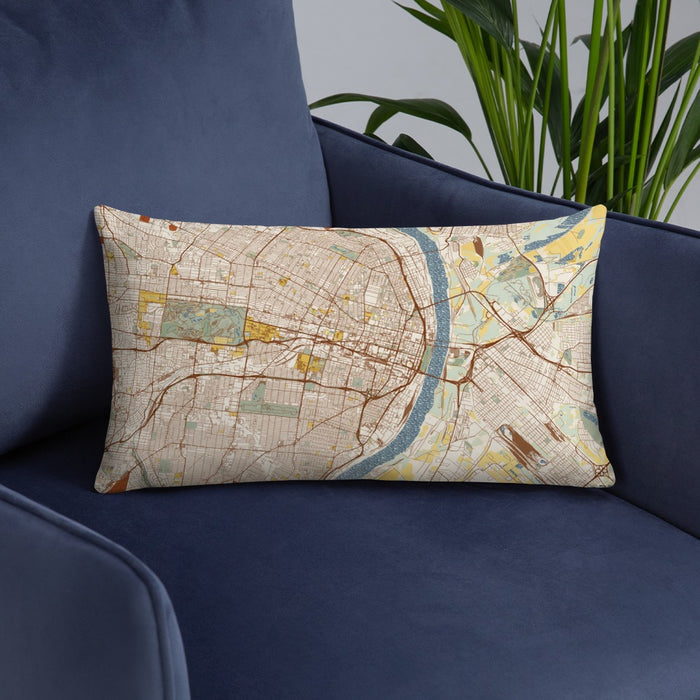 Custom St. Louis Missouri Map Throw Pillow in Woodblock on Blue Colored Chair