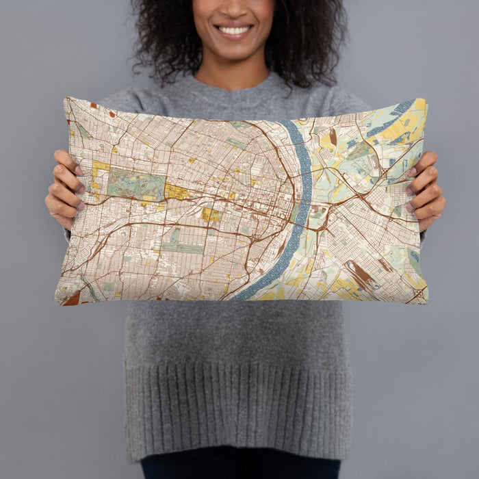 Person holding 20x12 Custom St. Louis Missouri Map Throw Pillow in Woodblock