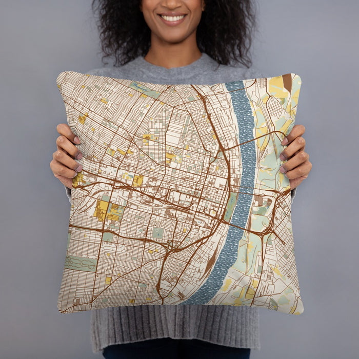 Person holding 18x18 Custom St. Louis Missouri Map Throw Pillow in Woodblock
