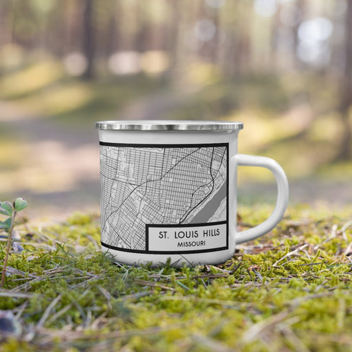 Right View Custom St. Louis Hills Missouri Map Enamel Mug in Classic on Grass With Trees in Background