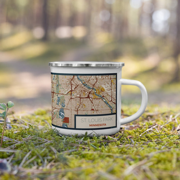 Right View Custom St. Louis Park Minnesota Map Enamel Mug in Woodblock on Grass With Trees in Background