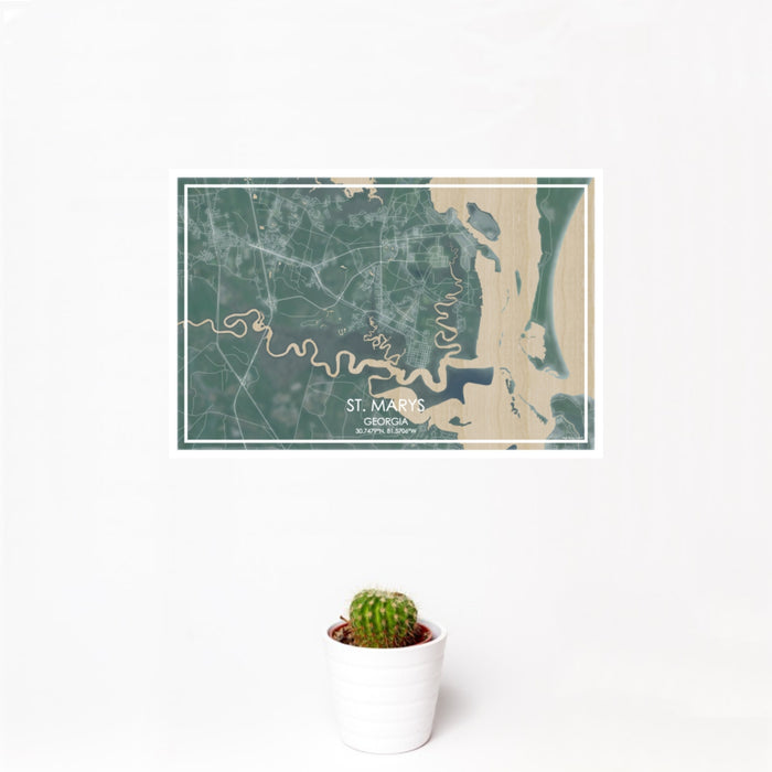12x18 St. Marys Georgia Map Print Landscape Orientation in Afternoon Style With Small Cactus Plant in White Planter