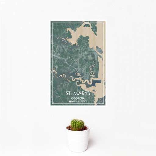 12x18 St. Marys Georgia Map Print Portrait Orientation in Afternoon Style With Small Cactus Plant in White Planter