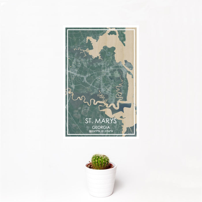 12x18 St. Marys Georgia Map Print Portrait Orientation in Afternoon Style With Small Cactus Plant in White Planter