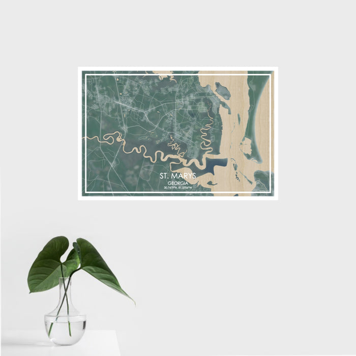 16x24 St. Marys Georgia Map Print Landscape Orientation in Afternoon Style With Tropical Plant Leaves in Water