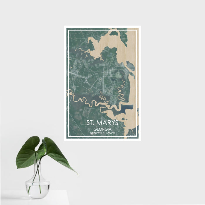 16x24 St. Marys Georgia Map Print Portrait Orientation in Afternoon Style With Tropical Plant Leaves in Water