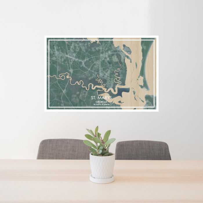 24x36 St. Marys Georgia Map Print Lanscape Orientation in Afternoon Style Behind 2 Chairs Table and Potted Plant