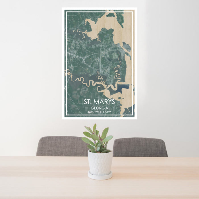 24x36 St. Marys Georgia Map Print Portrait Orientation in Afternoon Style Behind 2 Chairs Table and Potted Plant