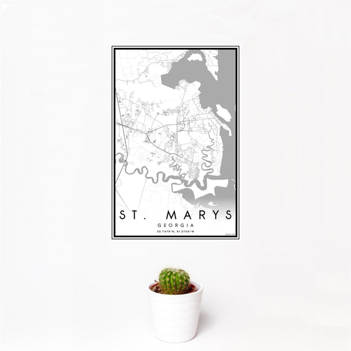 12x18 St. Marys Georgia Map Print Portrait Orientation in Classic Style With Small Cactus Plant in White Planter