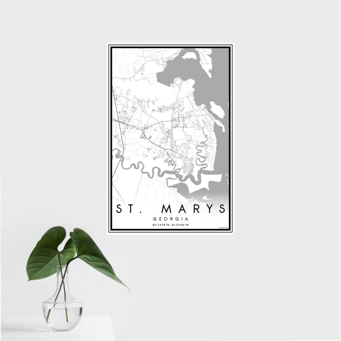 16x24 St. Marys Georgia Map Print Portrait Orientation in Classic Style With Tropical Plant Leaves in Water