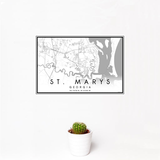 12x18 St. Marys Georgia Map Print Landscape Orientation in Classic Style With Small Cactus Plant in White Planter