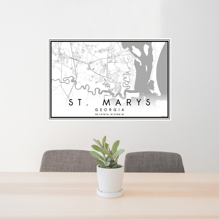 24x36 St. Marys Georgia Map Print Landscape Orientation in Classic Style Behind 2 Chairs Table and Potted Plant