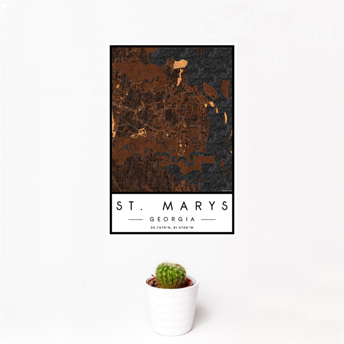 12x18 St. Marys Georgia Map Print Portrait Orientation in Ember Style With Small Cactus Plant in White Planter