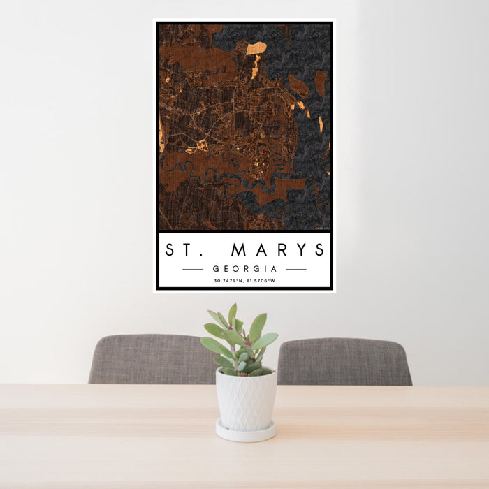 24x36 St. Marys Georgia Map Print Portrait Orientation in Ember Style Behind 2 Chairs Table and Potted Plant