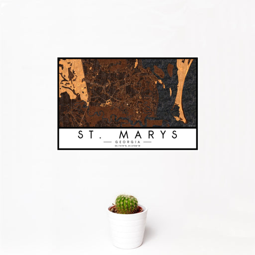 12x18 St. Marys Georgia Map Print Landscape Orientation in Ember Style With Small Cactus Plant in White Planter