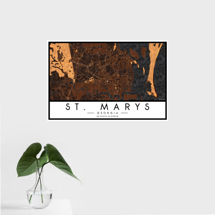 16x24 St. Marys Georgia Map Print Landscape Orientation in Ember Style With Tropical Plant Leaves in Water