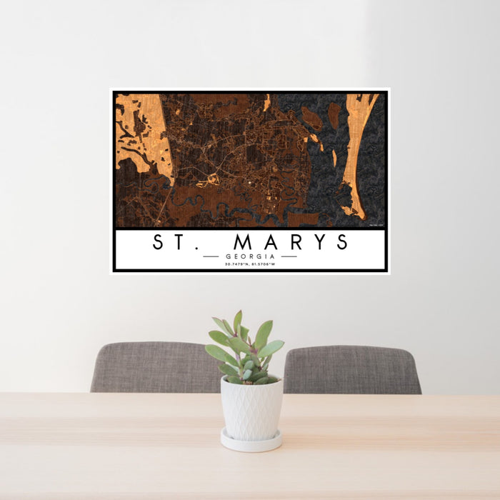 24x36 St. Marys Georgia Map Print Landscape Orientation in Ember Style Behind 2 Chairs Table and Potted Plant