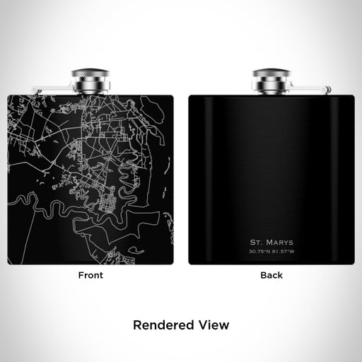 Rendered View of St. Marys Georgia Map Engraving on 6oz Stainless Steel Flask in Black