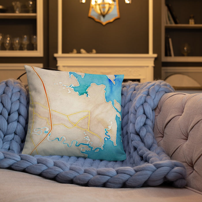 Custom St. Marys Georgia Map Throw Pillow in Watercolor on Cream Colored Couch